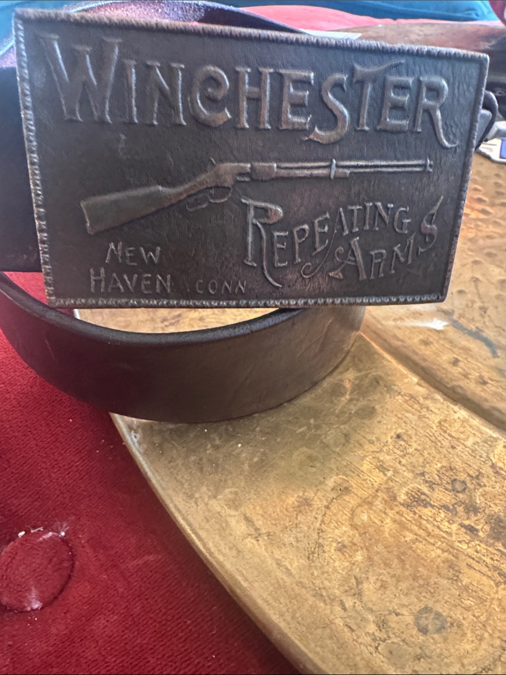 Winchester Men's Leather Belt with Embossed Metal Buckle in Brown